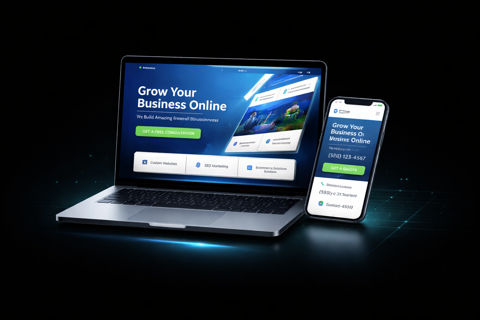 Professional business website displayed on laptop and phone